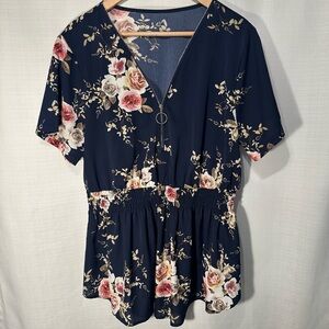 Shein Curve Navy Blue Floral Zip Front Peplum Waist Blouse Size 2X